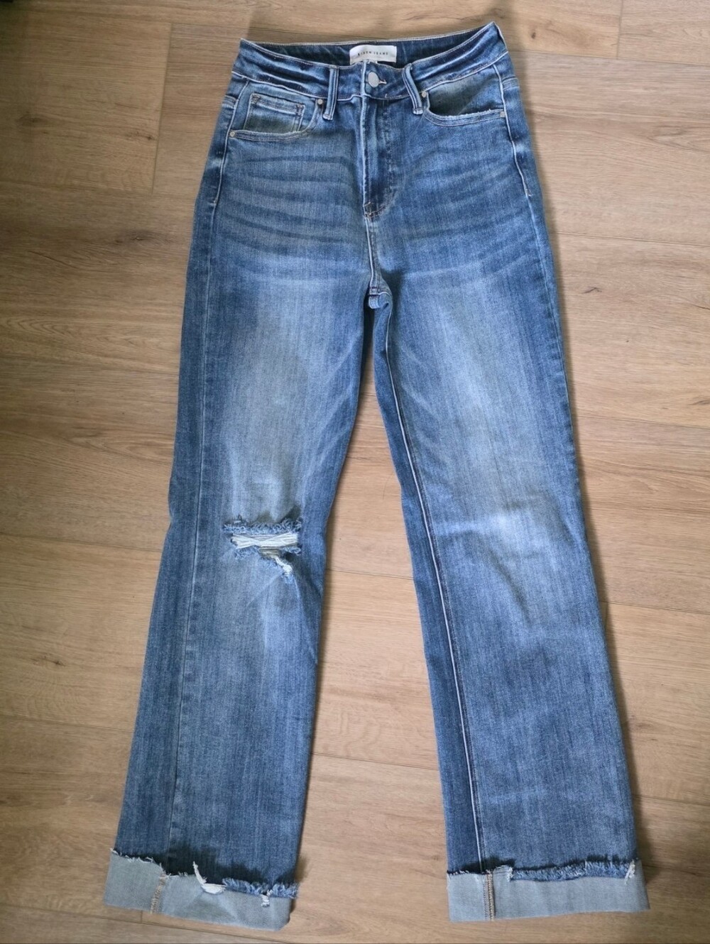 Risen Jeans High Rise Straight Leg Distressed Denim